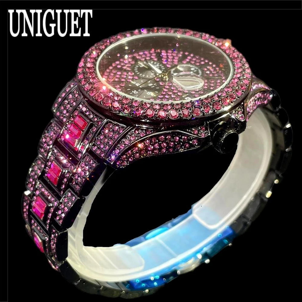 Vendita calda orologio rosso ghiaccio per uomo marchio di moda UNIGUET Hip Hop pieno di diamanti gioielli in acciaio inossidabile di lusso orologio da polso al quarzo uomo
