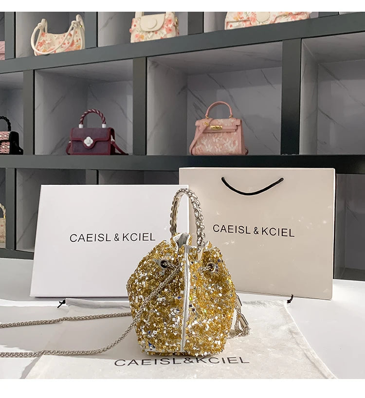 Borsa a mano da donna di lusso in metallo con paillettes scintillanti, pochette da sera, borsa a secchiello per feste di matrimonio, borsa a tracolla messenger