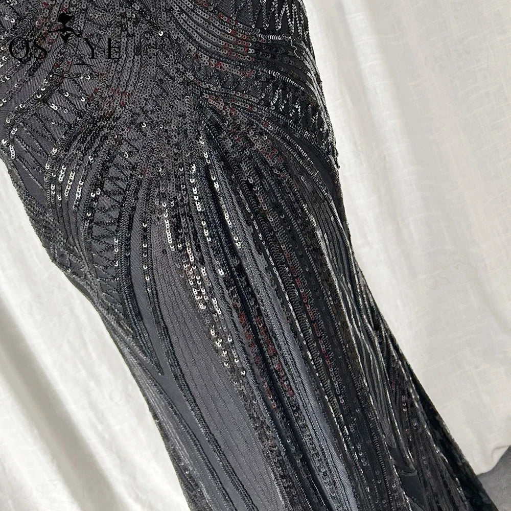Abito da sera lungo nero semplice con paillettes, modello a sirena, spalline sottili, scollo a V, senza schienale, elegante per feste