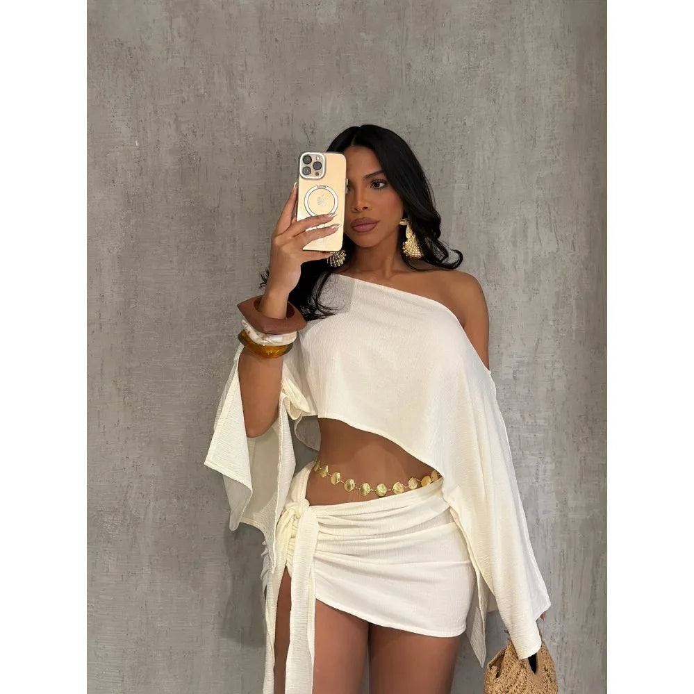 Set da 2 Pezzi per Donna, Elegante Completo da Spiaggia, Minigonna Sexy dal Design Chic, Top Corto Traspirante con Spalle Scoperte e Gonna Avvolgente