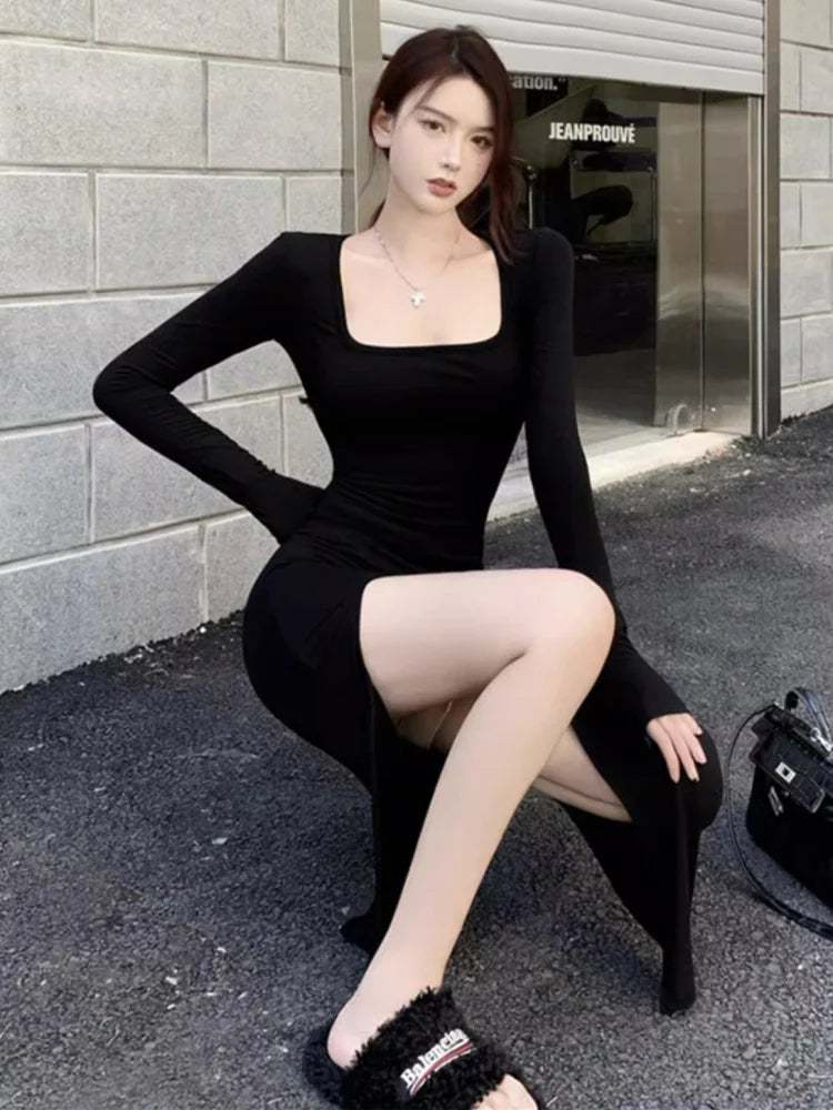 Abito sexy con spacco laterale per donna Abiti aderenti avvolgenti sopra il ginocchio Abiti a maniche lunghe Nero Street Bodycon Primavera Autunno