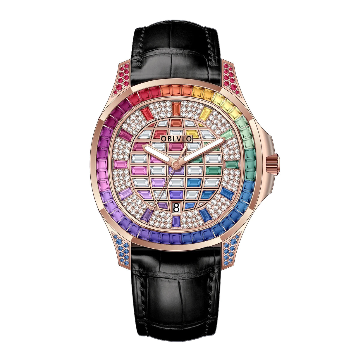 Orologio Quadrato di Lusso da Uomo OBLVLO con Movimento Meccanico Automatico, Diamanti Rosa, Cinturino in Silicone, Impermeabile FM-DSL