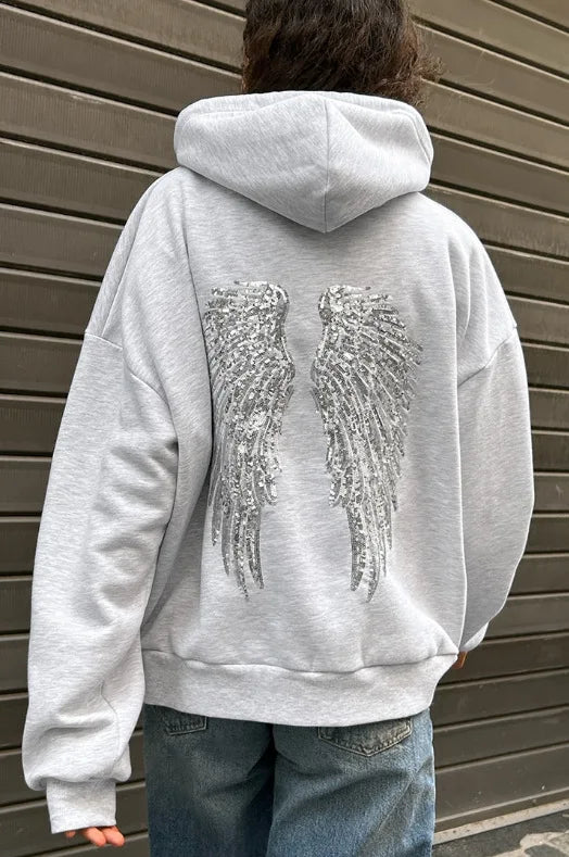 Felpe con Cappuccio da Donna con Stampa Ali d'Angelo in Paillettes, Maniche Lunghe, Tinta Unita, Stile Casual, Nuova Collezione 2025, Abbigliamento Streetwear Y2k