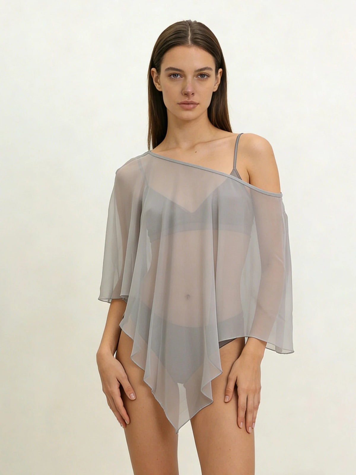 Poncho Trasparente per Donne, Scialle Asimmetrico in Rete, Mantella in Chiffon Trasparente, Copricostume per Abiti da Sera e Matrimoni