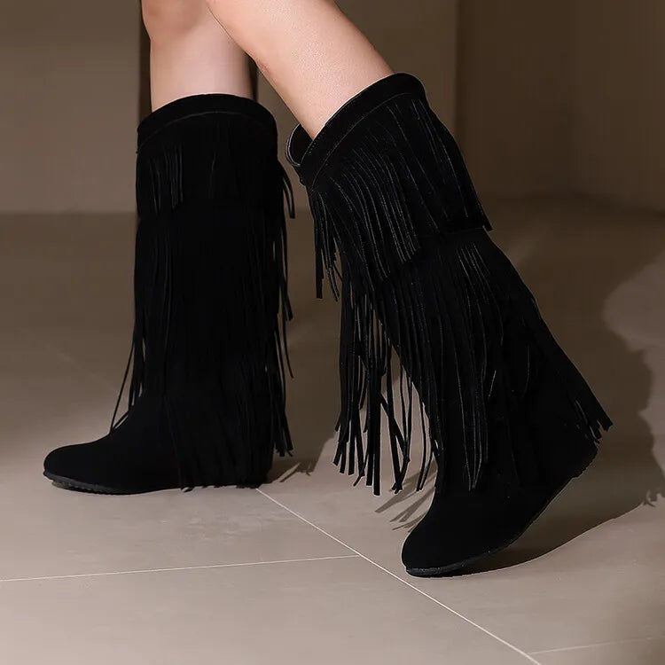 Ochanmeb stivali con frange Western rosso vino per donna stivali con tacco rialzato giallo nappe nere senza Zip scarpe da donna calde e larghe al polpaccio