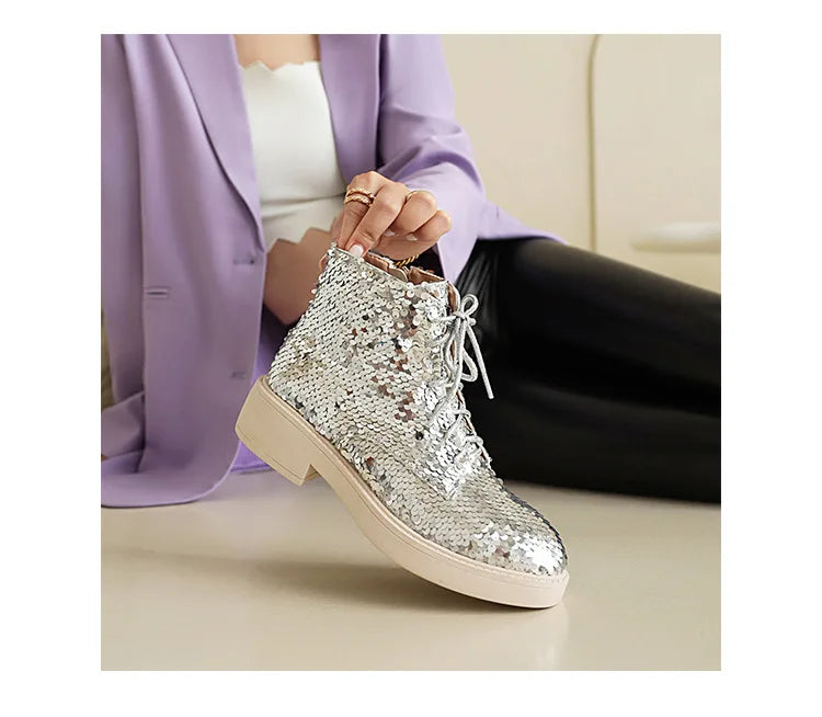 Donna Autunno Inverno Stivaletti 2024 Tendenza Comfort Casual Hip-Hop Scarpe da ballo con paillettes Club Party Donna Stivaletti stringati