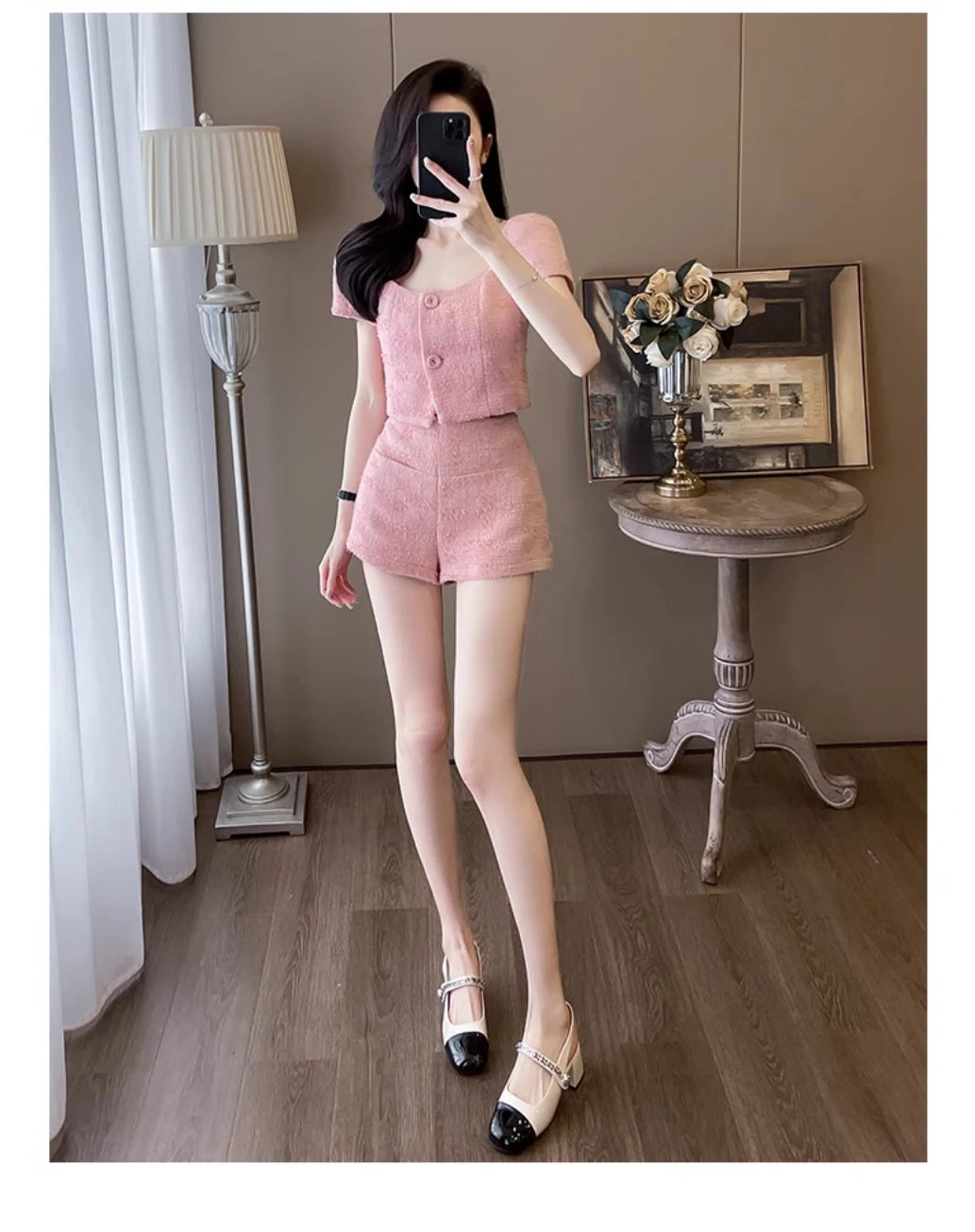 Camicia corta da donna con colletto quadrato in tweed grossolano stile street Pantaloncini slim coreani a vita alta Estate dolce rosa alla moda Due pezzi