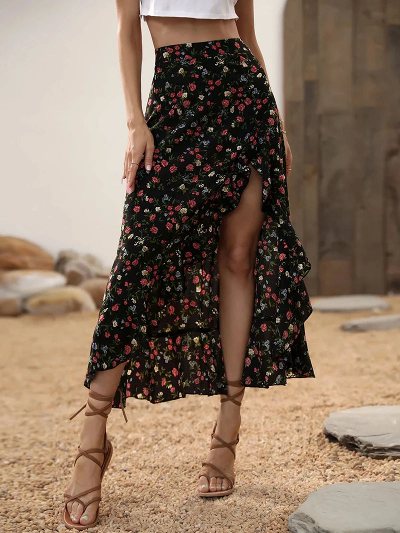 Nuova Gonna Lunga Floreale Retrò Americana da Donna, Slim a Vita Alta con Spacco Irregolare, Design Vintage Estivo per Vacanze al Mare