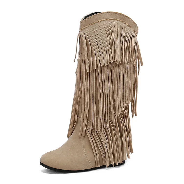 Ochanmeb stivali con frange Western rosso vino per donna stivali con tacco rialzato giallo nappe nere senza Zip scarpe da donna calde e larghe al polpaccio