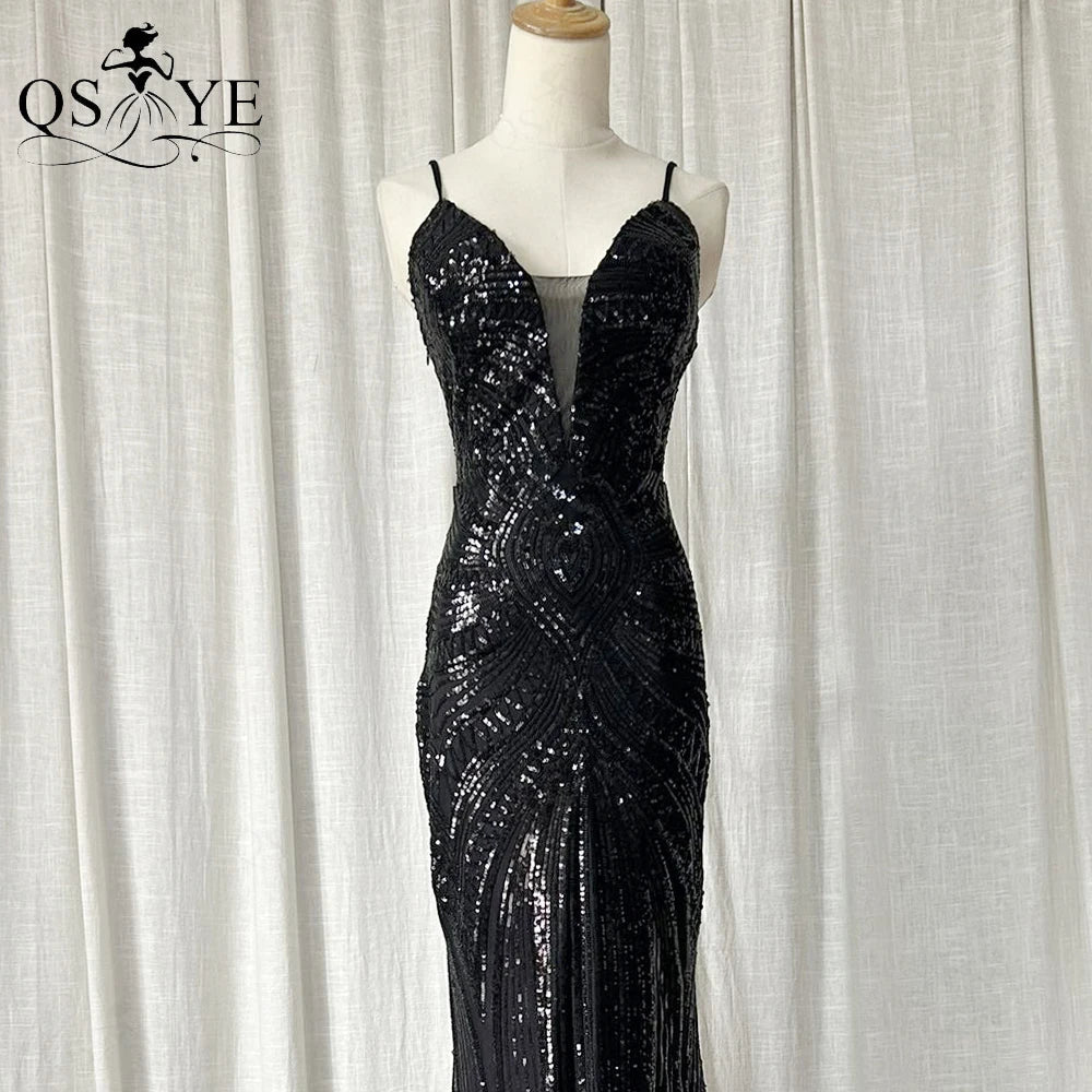 Abito da sera lungo nero semplice con paillettes, modello a sirena, spalline sottili, scollo a V, senza schienale, elegante per feste