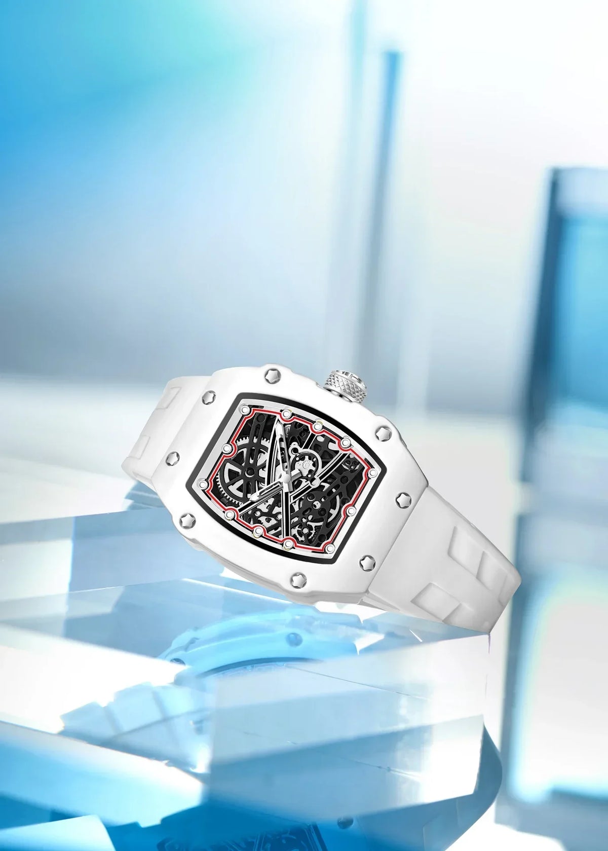 Orologio al Quarzo Ultra-Sottile Tonneau per Uomo, Design Creativo Bianco con Quadrante Cavo, Super Luminoso, Personalizzabile, Orologio AAA Relogio