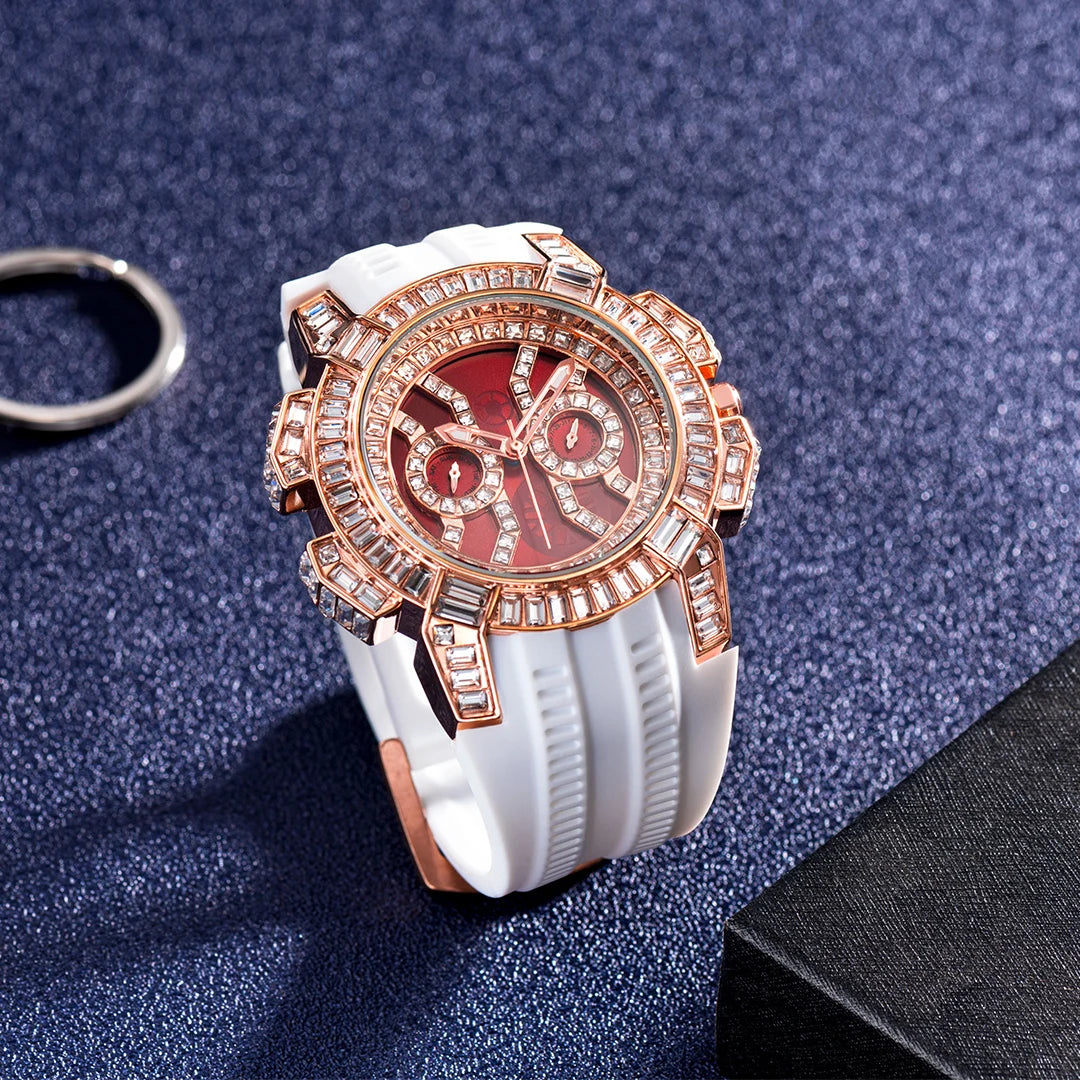 MISSFOX Nuovo Orologio Al Quarzo Rosso Per Gli Uomini di Lusso Hip Hop Streetwear Orologio Impermeabile Orologi Con Diamanti Orologi Da Polso Da Uomo Al Quarzo AAA