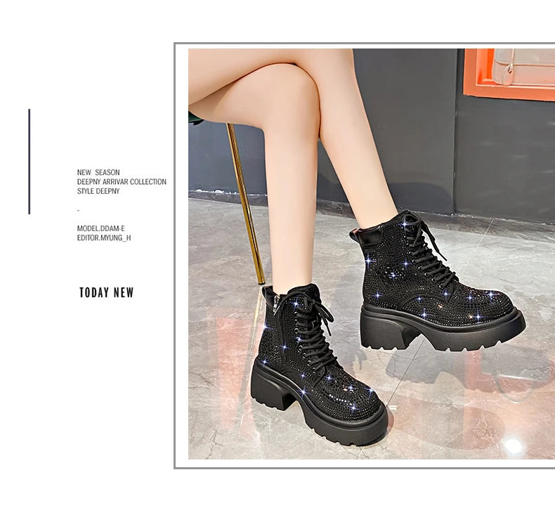 Stivaletti corti con diamanti con paillettes Donna Autunno Inverno Moda di lusso Stivali alti con tacco spesso Stivali stringati Scarpe casual da festa all'aperto