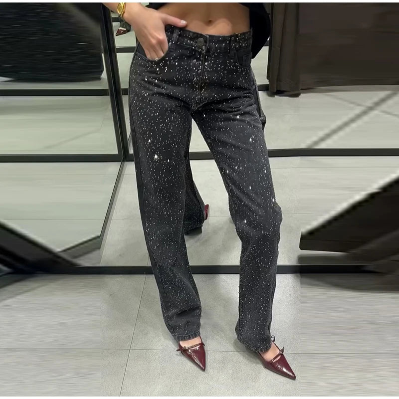 Pantaloni da donna in denim con diamanti chic Tasche a vita media con glitter alla moda Jeans femminili 2025 Pantaloni lunghi da donna di High Street primavera estate