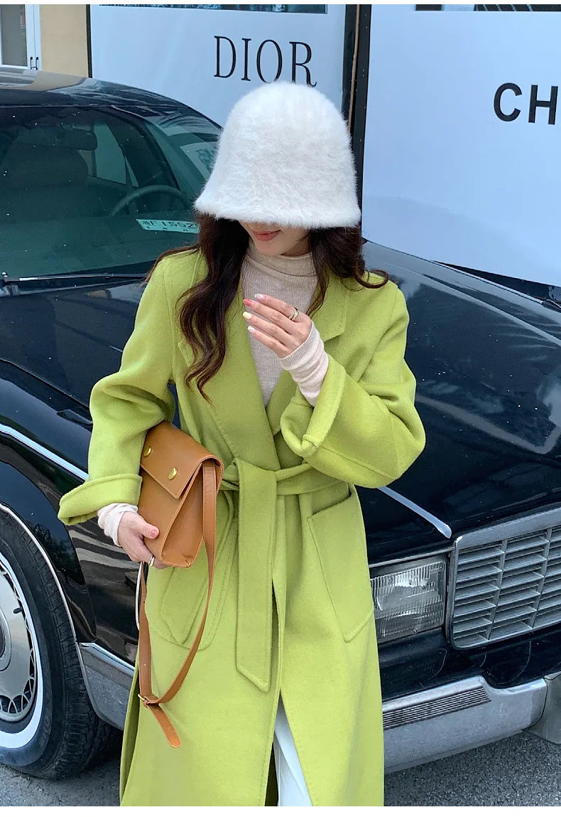 2024 Donne di Inverno di Lusso Fatti A Mano Cappotti di Lana Double Face 100% X-Lunghi Cappotti di Design Coreano Delle Donne Della Tuta Sportiva Cappotti Rosa