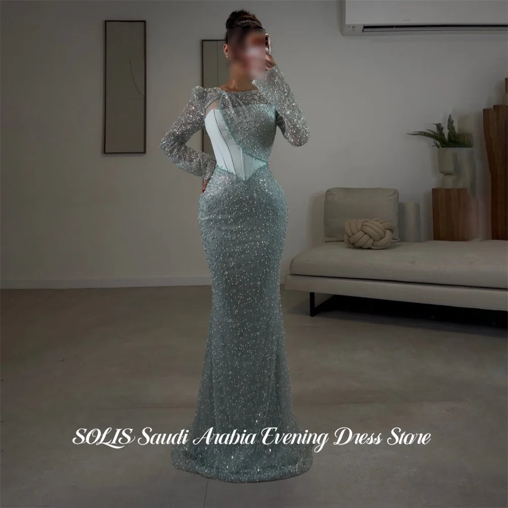 Abito da Sera SOLIS Verde Menta Stile Sirena, Collo Tondo, Maniche Lunghe, Abito da Sera con Inserto Corsetto in Paillettes, Elegante Abito da Festa Personalizzato