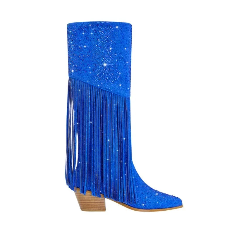 2024 nuovi stivali Chelsea al ginocchio con strass con cerniera nappe a punta moda lucida stivali da donna europei e americani 35-43