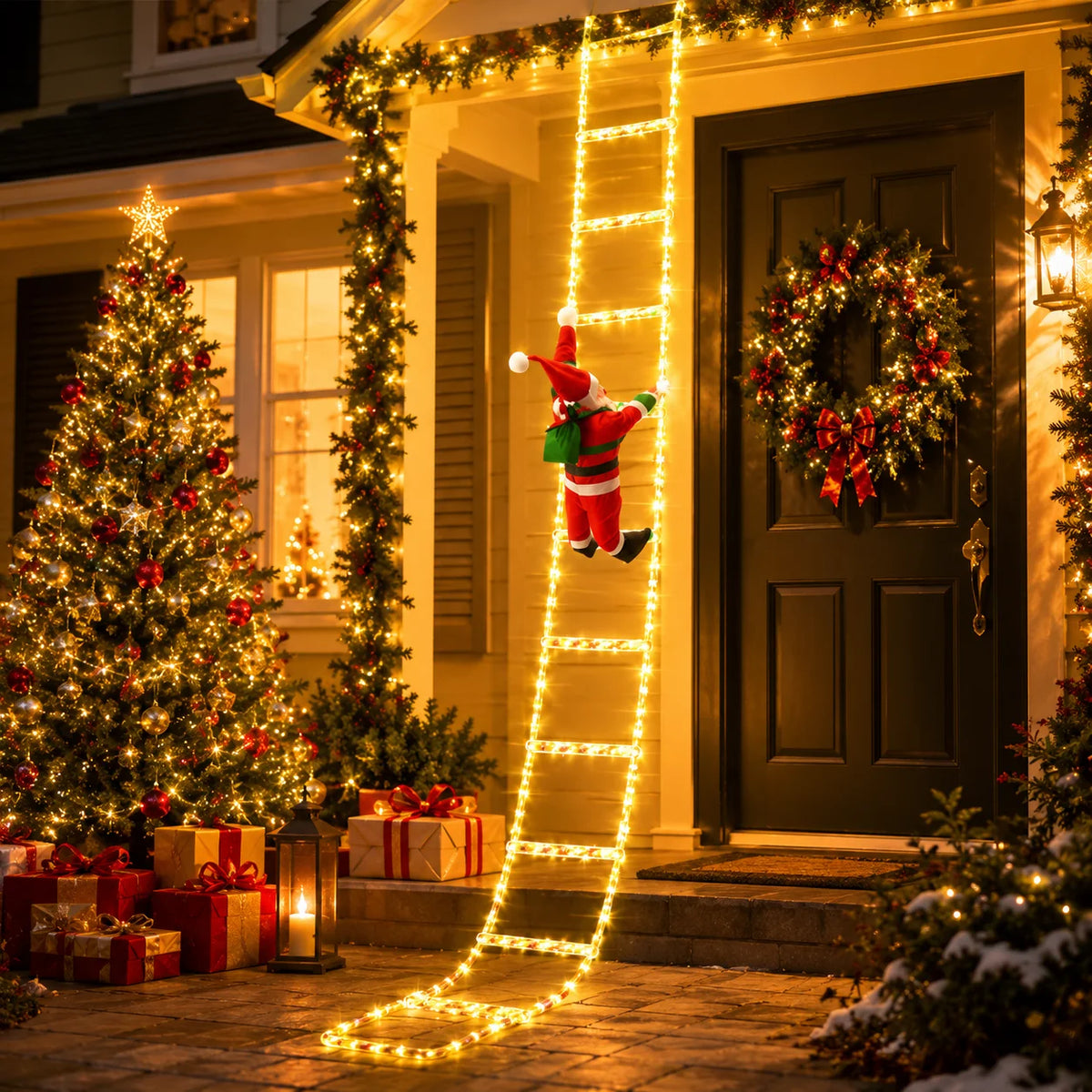 USB Christmas Ladder Lights with Climbing Santa, 8 Modes, Warm White/Colorful, 8/12 Rung LED Holiday Decor