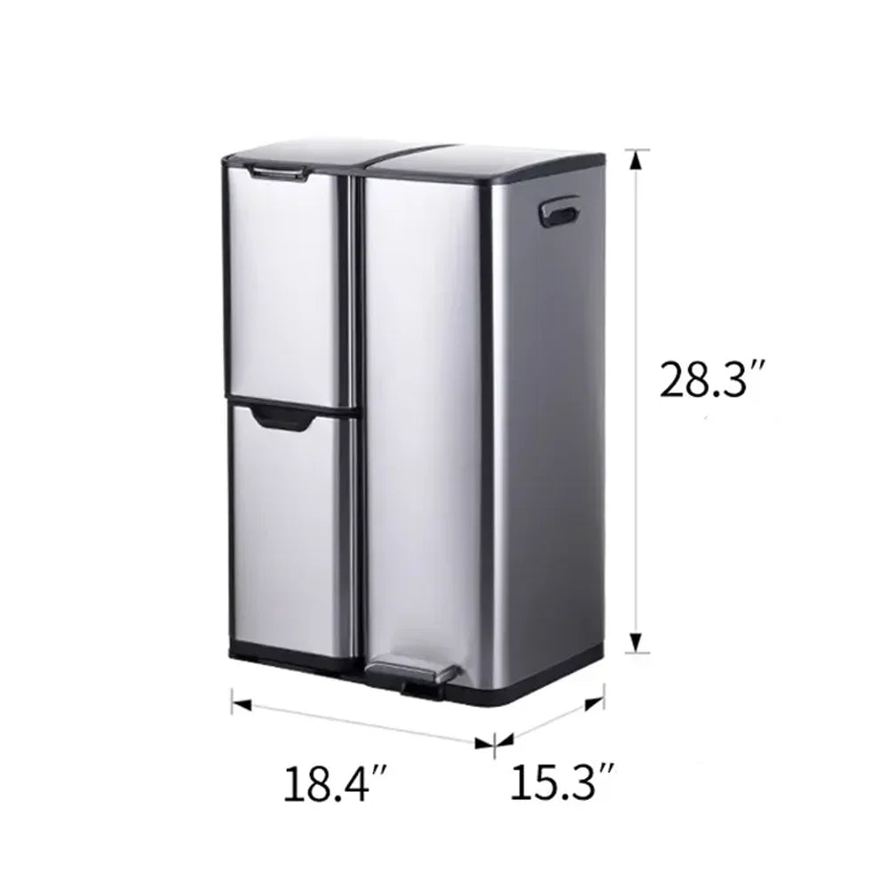 60L Triple Compartment Stainless Steel Recycling Bin with Pedal Press Button on Top Kitchen Trash Bin Recycle Bin
