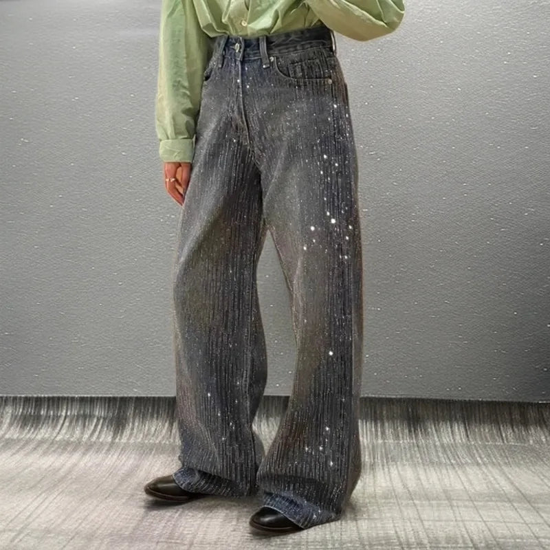 Jeans a Gamba Larga con Diamanti Scintillanti, Vita Alta, Vestibilità Ampia, Lunghezza al Pavimento, Stile Artistico Retrò, Moda Casual, Collezione Primavera