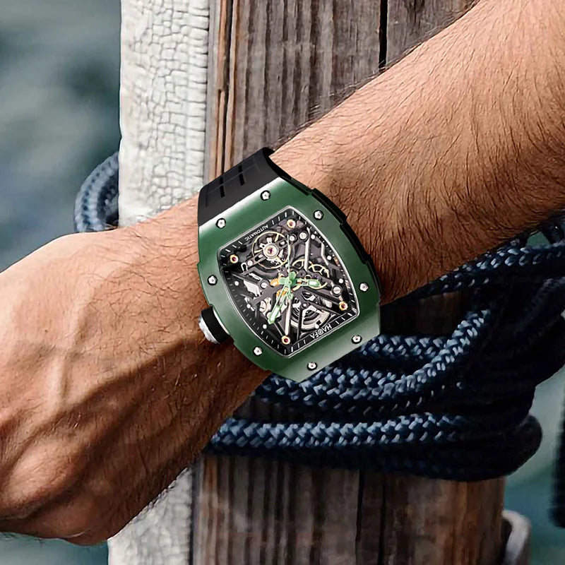 Haofa Orologio meccanico automatico scheletrato per uomo Lunetta in ceramica Zaffiro Luminoso Orologio sportivo da uomo con carica automatica impermeabile 1988