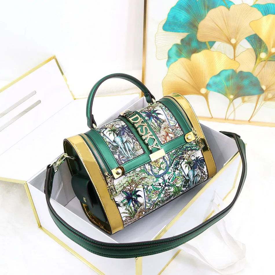 Borsa Boston da Donna con Stampa, Borsa a Spalla Grande Capacità, Borsa a Tracolla con Doppia Cerniera, Stile Mezza Copertura, Borsa con Manico Superiore