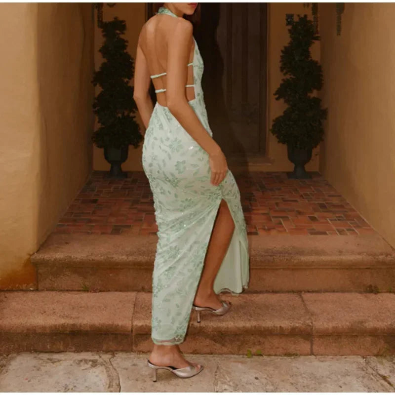 Abito da festa lungo ricamato da donna elegante Abito da festa femminile senza maniche con scollo all'americana sottile Abiti da festa estivi da donna