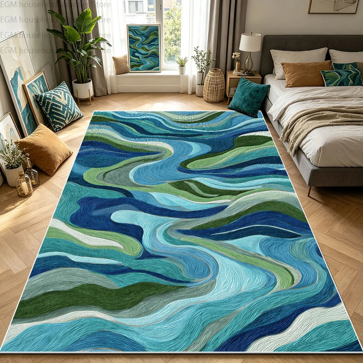 Blue Green River 3D Nature Landscape Carpet for Living Room Bedroom Large Area Rug Washable Non-slip Soft Fluffy Decor Floor Mat