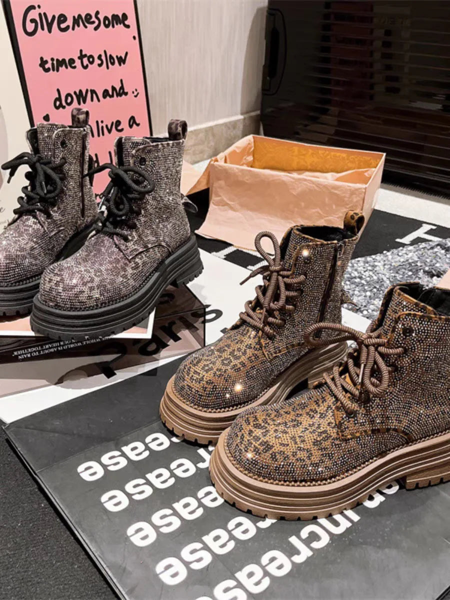 Stivali da donna invernali con stampa leopardata con lacci e strass stivaletti corti antiscivolo con piattaforma alla moda all'aperto stivali da cavaliere Botas Mujer