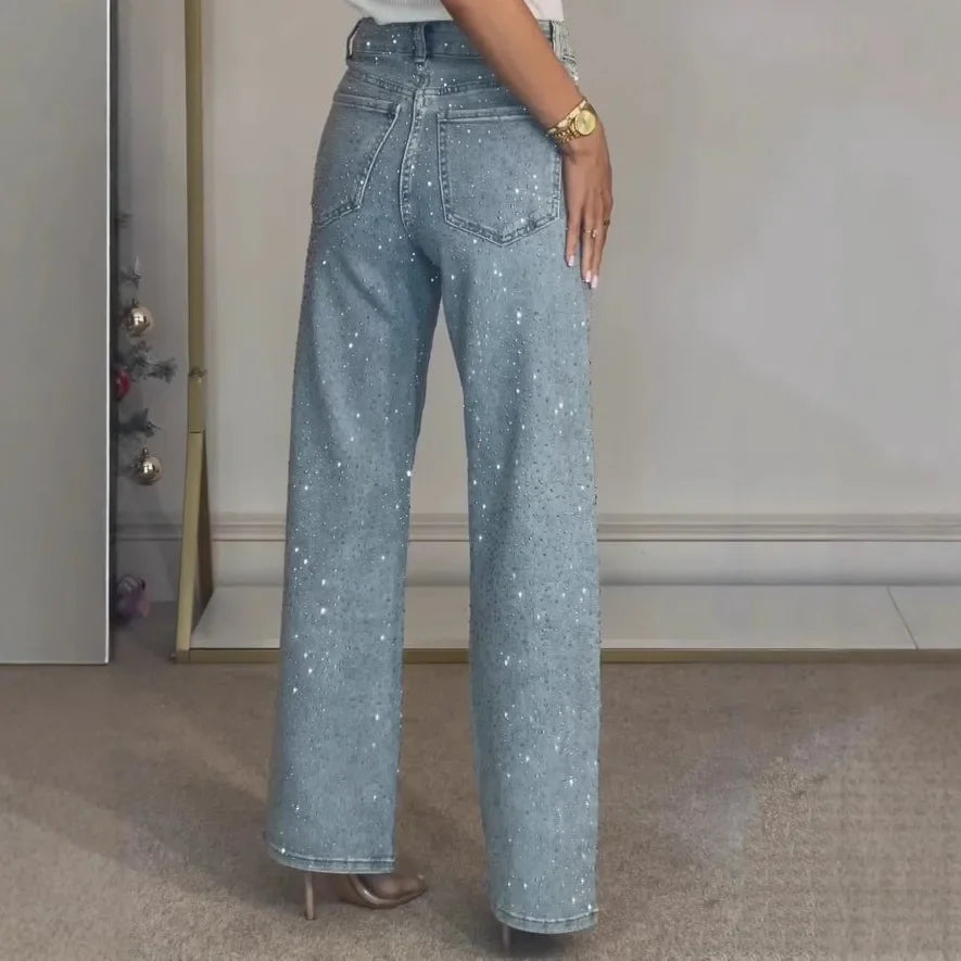 Jeans da donna Pantaloni dritti con diamanti Jeans elasticizzati a vita alta lavati per mamma Jeans vintage Streetwear Pantaloni streetwear Y2k