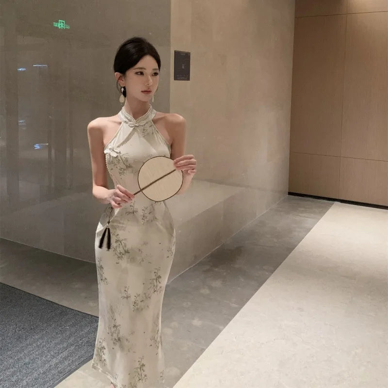 Abito lungo a vita alta senza maniche, stile retrò, con perline, modello cheongsam migliorato, aderente e snellente, per il tempo libero e il commuting.