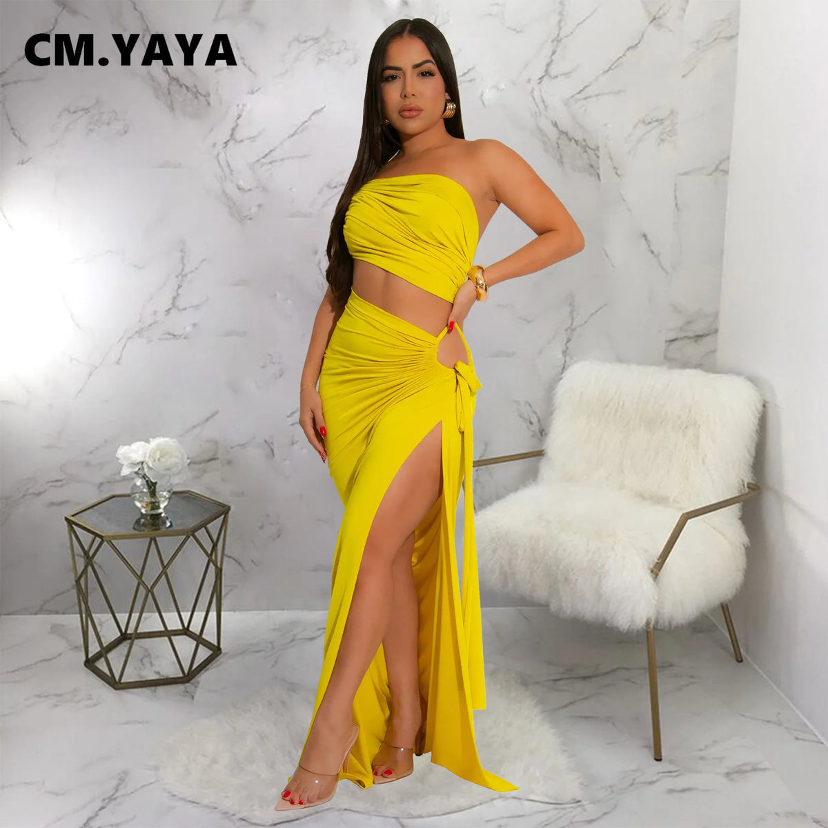 CM.YAYA Donne Senza Maniche Scava Fuori Senza Spalline Aderente Midi Lungo Maxi Vestito 2025 Estate Backless Abiti Da Festa Sexy Abiti