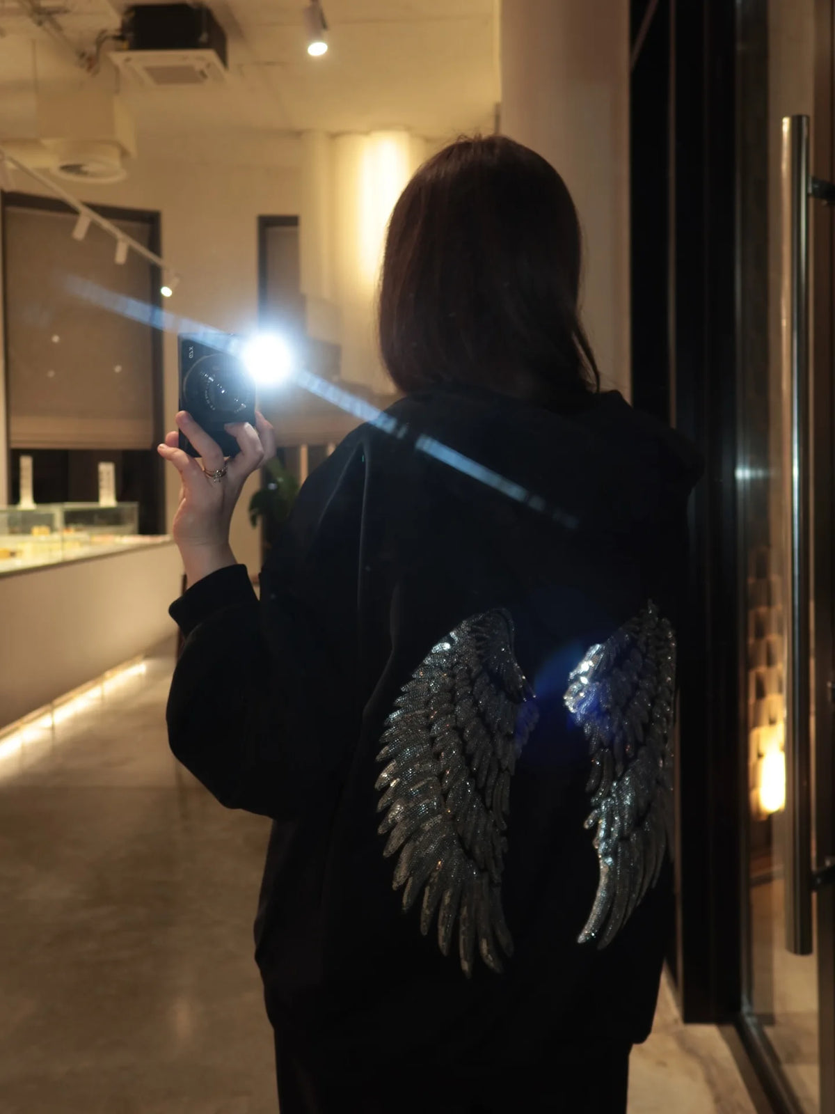 Felpa con cappuccio ricamata con ali con paillettes gotiche Pullover a maniche lunghe larghi oversize da donna Felpe Y2k slim retrò Top vestiti