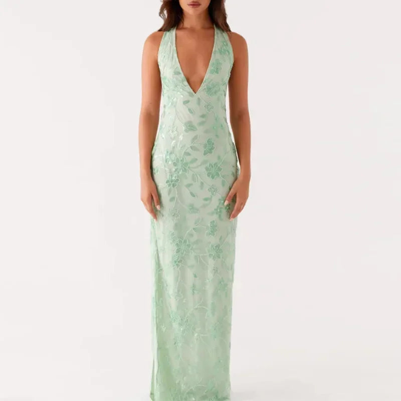 Abito da festa lungo ricamato da donna elegante Abito da festa femminile senza maniche con scollo all'americana sottile Abiti da festa estivi da donna
