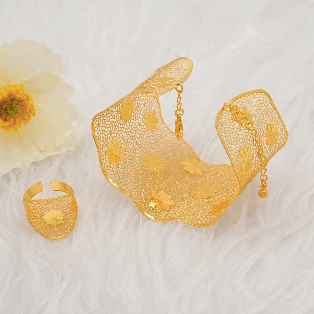 Bracciale color oro Dubai con anello per donna Bracciale con polsino a catena con ciondoli Bracciale indiano Arabo Francia Regali di gioielli da sposa