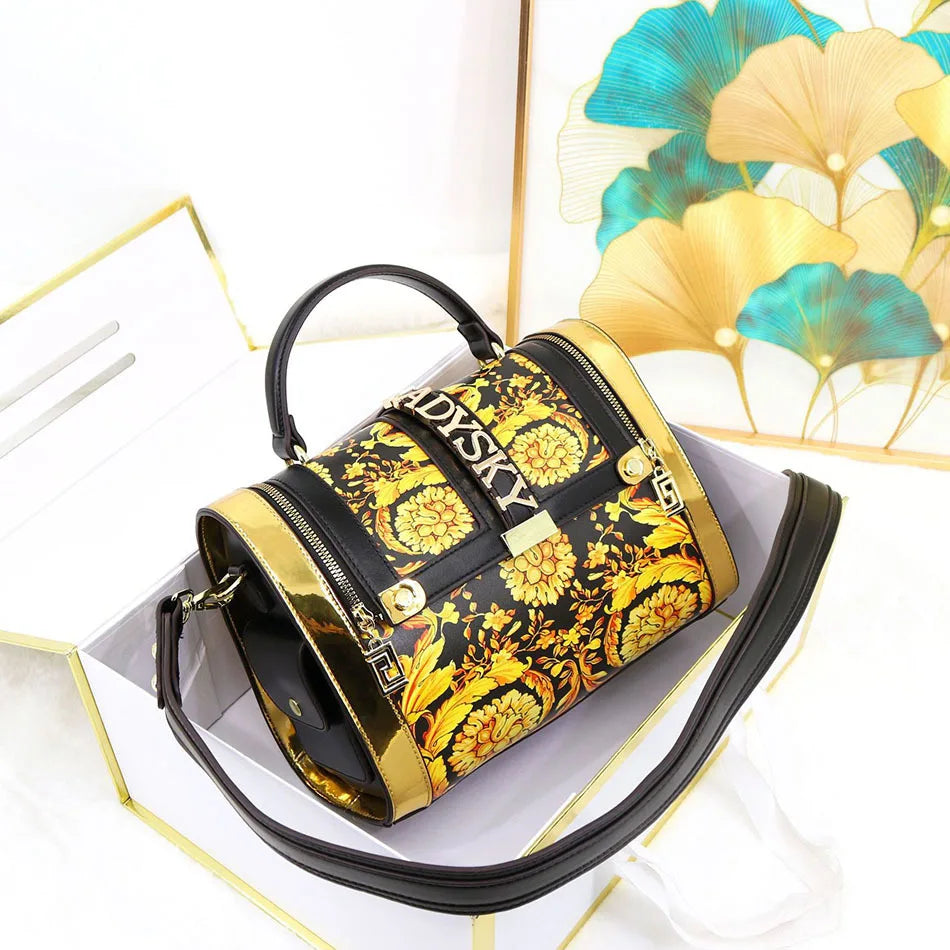 Borsa Boston da Donna con Stampa, Borsa a Spalla Grande Capacità, Borsa a Tracolla con Doppia Cerniera, Stile Mezza Copertura, Borsa con Manico Superiore