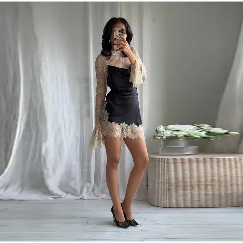 Sexy profondo scollo a V patchwork di pizzo con paillettes abito lungo da donna sottile senza maniche backless hip pacchetto abiti 2026 primavera abito da festa della signora