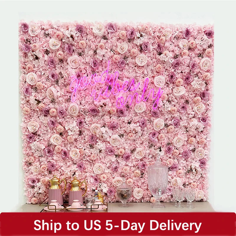 Flores de pared de fondo de seda rosa, decoración de boda, panel de pared de flores artificiales personalizado para telones de fondo de decoración del hogar, baby shower
