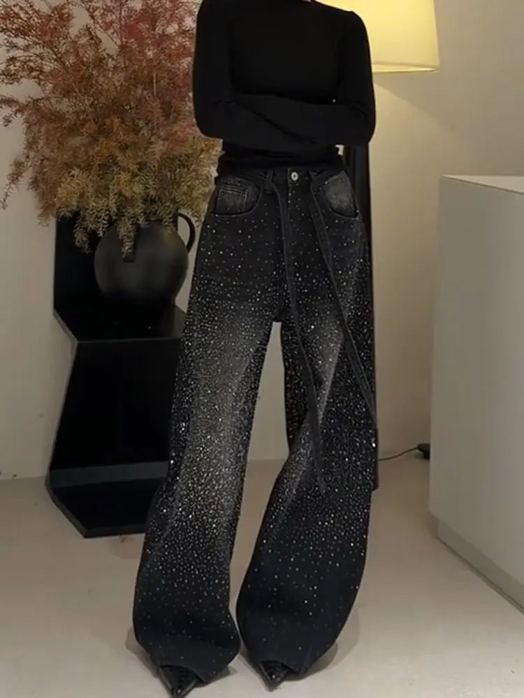 Jeans da Donna a Vita Alta con Strass Sfumati, Gamba Larga, Stile Y2K Vintage, Scintillanti, Baggy, in Denim, Streetwear, Slim Fit