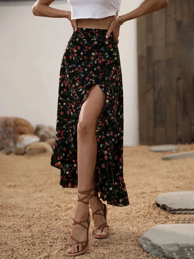 Nuova Gonna Lunga Floreale Retrò Americana da Donna, Slim a Vita Alta con Spacco Irregolare, Design Vintage Estivo per Vacanze al Mare