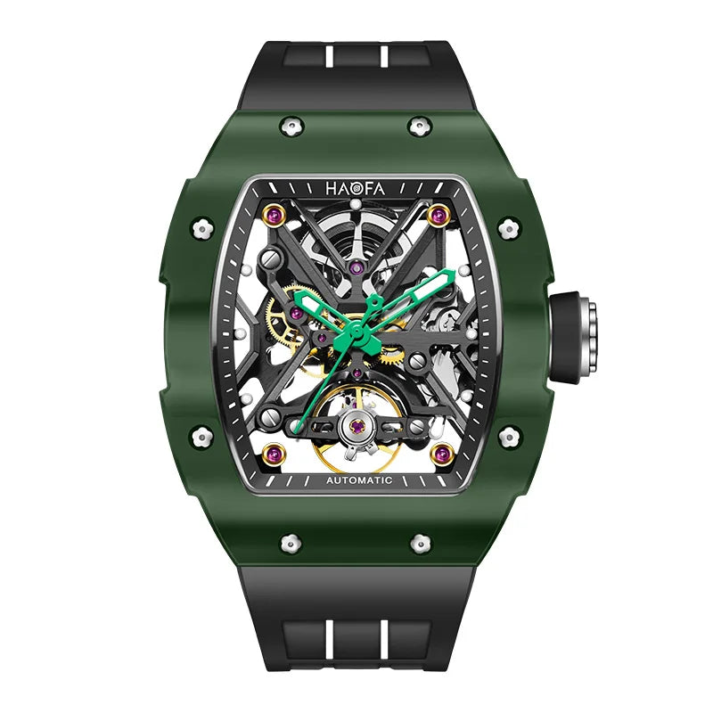 Haofa Orologio meccanico automatico scheletrato per uomo Lunetta in ceramica Zaffiro Luminoso Orologio sportivo da uomo con carica automatica impermeabile 1988
