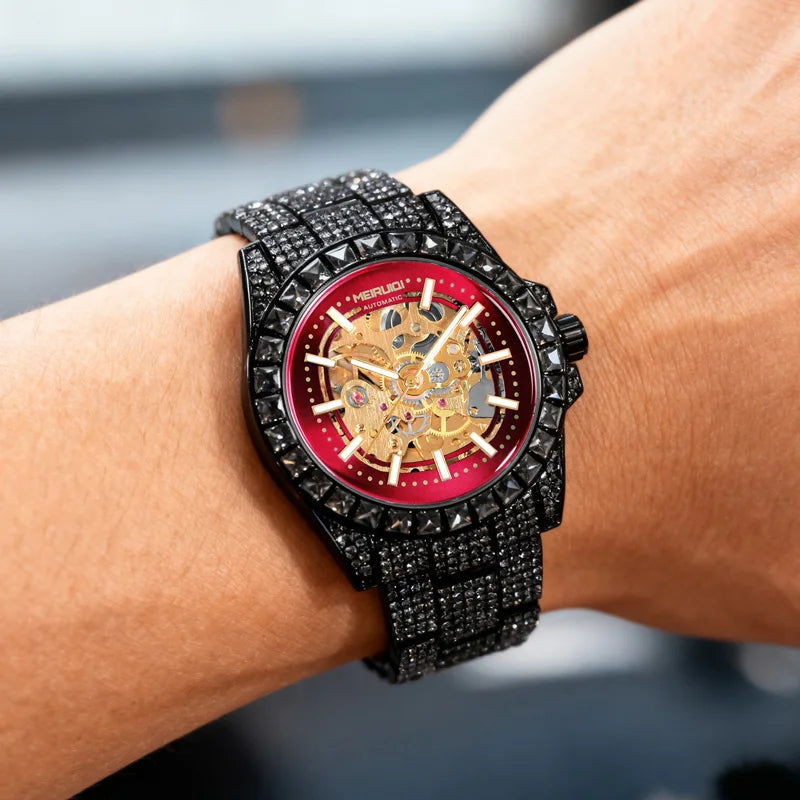 Splendido orologio meccanico da uomo nero e rosso in edizione limitata con tourbillon completamente automatico e cielo stellato