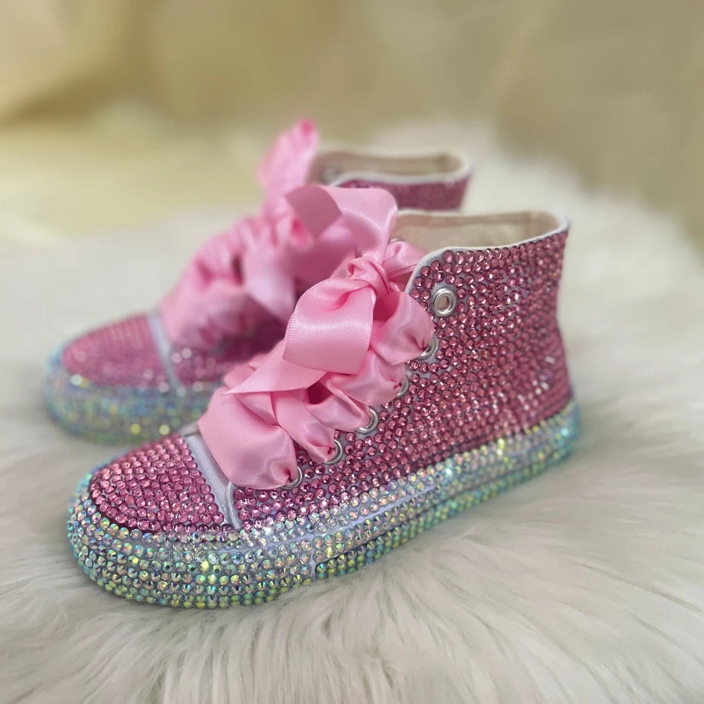 Scarpe da ginnastica Dollbling con strass scintillanti e cristalli, rosse, in tela, per Natale, matrimonio, damigella d'onore, prima comunione