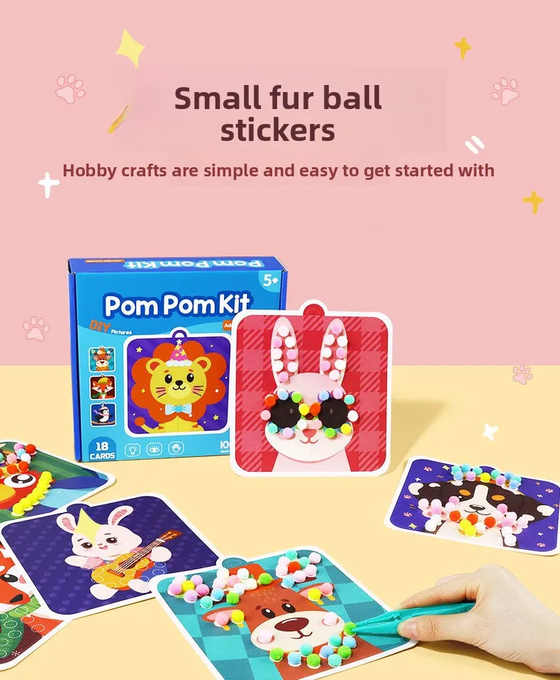 Handmade Material Children's Sticker Book Educational Early Learning Animal Pompom Art Kit Cartoon Montessori Pompom Crafts Toy