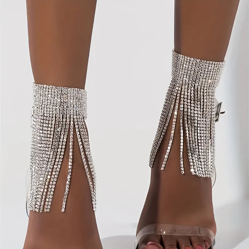 Elegante Catena per Caviglia con Strass Luccicanti e Nappine, Regolabile, Gioiello Sexy da Discoteca per Donne, Regalo per le Gambe