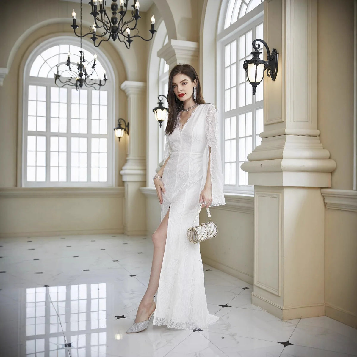 Abito in Pizzo da Donna Primavera Estate, Vestito da Damigella d'Onore, Abito da Sera per Ospiti di Matrimonio, Manica Lunga, Scollo a V, Aderente, Bordeaux