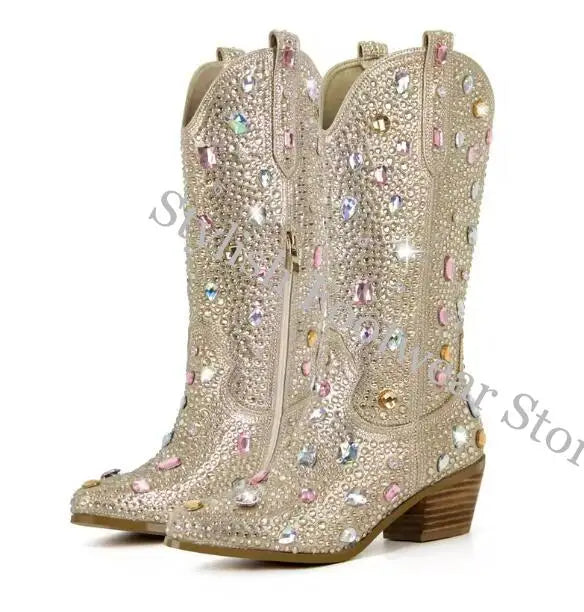 Stivaletti da Donna Stile Western con Strass e Gemme, Punta Rotonda, Neri e Blu, Stivali alla Moda con Cristalli