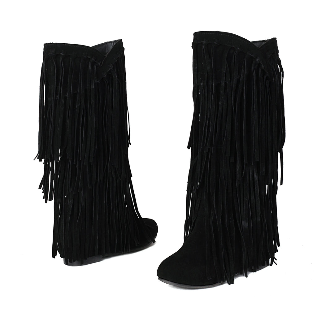 2025 Nuovi stivali alti Donna Bohemian Flock Nappa Stivali a metà polpaccio Stivaletti con zeppa Autunno Inverno Scarpe casual etniche zapatos de mujer