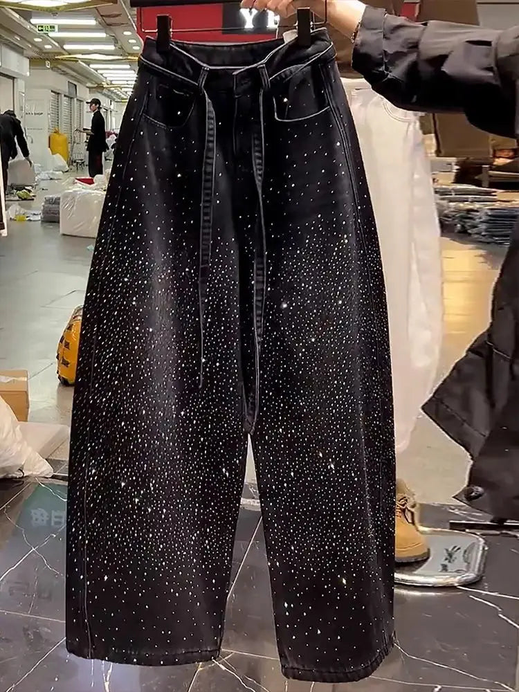 Jeans da Donna a Vita Alta con Strass Sfumati, Gamba Larga, Stile Y2K Vintage, Scintillanti, Baggy, in Denim, Streetwear, Slim Fit