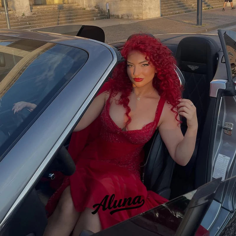Abito da sera Aluna personalizzato 2026 rosso lucido a sirena con paillettes, scollo a cuore e spacco alto - Vestidos Robes De Soiree